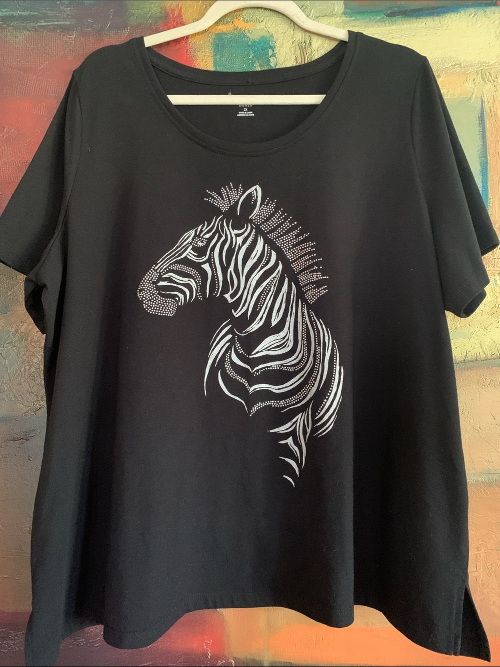 Black Zebra Graphic Rhinestone T-Shirt, Sz 2X